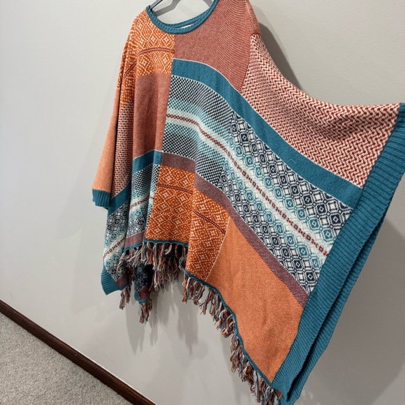 Sundance Catalog Alisandra Poncho Intarsia Patchwork Bandana Sweater Boho Orange - Picture 3 of 6